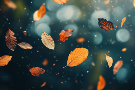 Vibrant leaves in shades of yellow, orange, and brown dance through the air, creating a captivating view in a tranquil forest setting during autumn.の素材