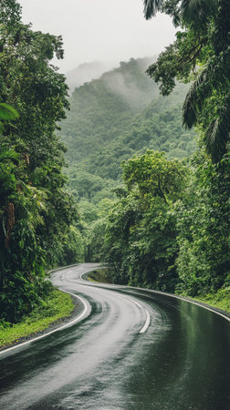 A winding road cuts through dense greenery of a rainforest, surrounded by misty mountains. Rain falls steadily, creating a tranquil atmosphere in nature.の素材