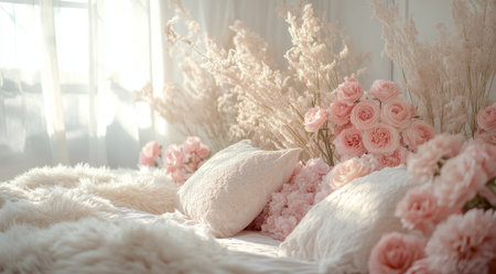 A cozy bed is enveloped in soft pink flowers, creating a serene atmosphere. Sunlight pours in, enhancing the tranquility of the bedroom filled with floral beauty.の素材