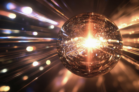 A brilliant sphere emits vibrant rays of light, creating a stunning display of color and energy in a dark background, illustrating power and motion in an abstract manner.の素材