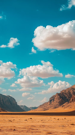 A breathtaking desert valley features rugged mountains on either side, displaying golden earth tones. Fluffy clouds float in a brilliant blue sky, creating a serene atmosphere.の素材