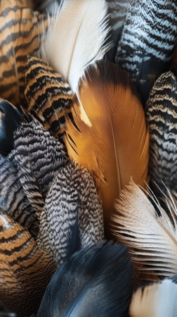 A close-up view showcases a variety of colorful feathers, blending hues of blue, orange, and gray. The intricate details highlight the natural beauty and texture of each feather.の素材