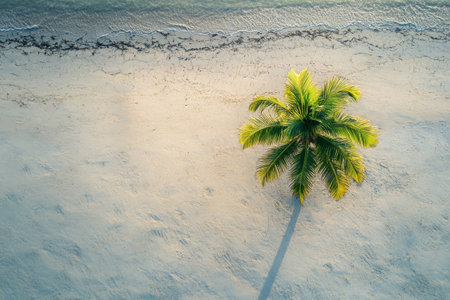 A solitary palm tree stands on a tranquil sandy beach as gentle ocean waves lap at the shore. The sunlight creates beautiful reflections on the water.の素材