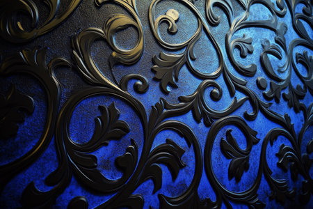 The close-up view showcases a vintage wall adorned with intricate blue and black patterns, exhibiting signs of age and wear, creating a unique, artistic appeal.の素材