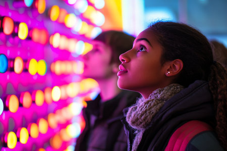 A group of children stands mesmerized by vibrant, colorful lights hanging in a festive environment while exploring together at night.の素材