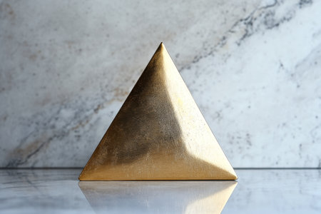 A golden pyramid sculpture stands on a smooth marble surface, showing a sleek design. The light reflects off its surface, creating an elegant aesthetic.の素材