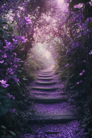 A serene pathway lined with vibrant purple flowers leads into a misty forest. The soft light of early morning illuminates the steps, creating a magical atmosphere.の素材