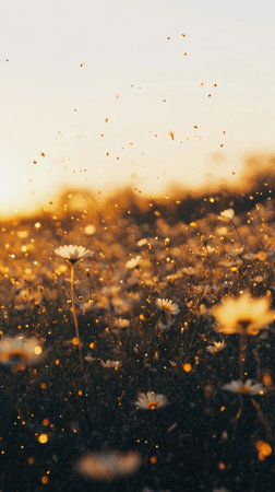 A vibrant sunset casts a golden hue over a field of flowers, with petals dancing in the breeze. The warm light creates a tranquil and joyful ambiance in nature.の素材