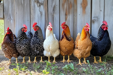 A group of seven chickens displaying various colors and patterns strolls through a lush garden filled with blooming flowers and greenery, creating a lively atmosphere.の素材