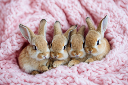 Four fluffy baby rabbits are snuggled together on a soft pink blanket, radiating cuteness and warmth in a cozy home environment.の素材