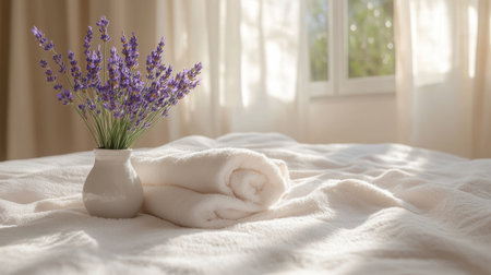 Fresh lavender in a small vase adds a touch of nature to a cozy bedroom, paired with soft, neatly rolled towels and warm sunlight pouring through sheer curtains.の素材