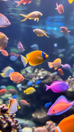 Numerous vibrant fish swim gracefully in a clear aquarium filled with rocks and plants, illuminated by sunlight streaming through the water, creating a serene atmosphere.の素材
