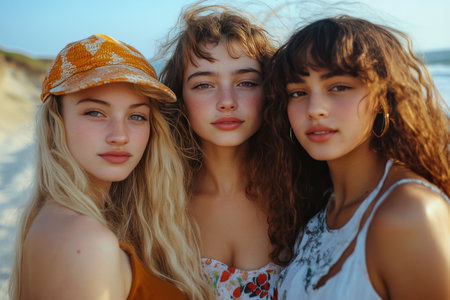 Three young women pose together at the beach, wearing casual summer outfits. The sun shines brightly, illuminating their smiles and vibrant hairstyles as waves roll in.の素材