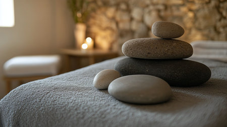A tower of smooth, stacked stones rests on a reflective surface near water, accompanied by glowing lights that enhance the peaceful ambiance of the surroundings.の素材