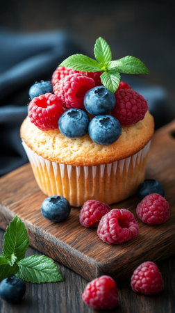 A delicious cupcake sits on a wooden cutting board, decorated with fresh blueberries and a raspberry on top, showing a delightful homemade treat.の素材