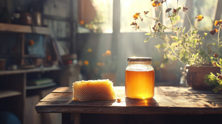 A glass jar filled with golden honey sits next to a piece of honeycomb on a rustic wooden table. Warm sunlight illuminates the scene, creating a cozy atmosphere.の素材