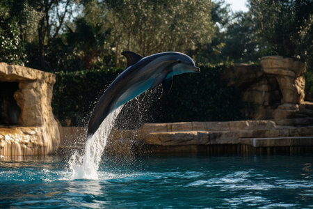 A dolphin performs an impressive leap above the water's surface at a marine park, showing its agility and grace during an afternoon presentation for visitors.の素材