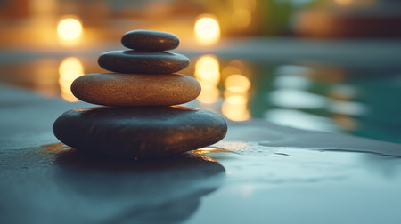 A tower of smooth, stacked stones rests on a reflective surface near water, accompanied by glowing lights that enhance the peaceful ambiance of the surroundings.の素材