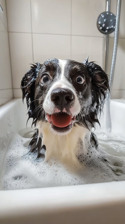 A brown dog is relaxing in a tub filled with bubbles while water runs from a faucet above. Its expression shows contentment as it enjoys bath time, soaking in suds.の素材