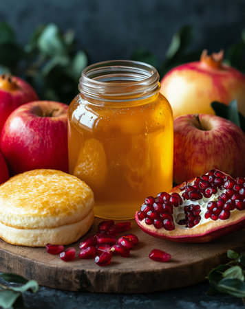 Fresh apples and vibrant pomegranate seeds surround a jar of golden honey on a rustic wooden board, showing an inviting autumn spread perfect for enjoying seasonal flavors.の素材
