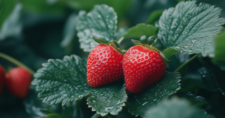 Juicy strawberries are seen nestled among vibrant green leaves in a garden. Morning dew glistens on the fruit, capturing the freshness of a beautiful day.の素材