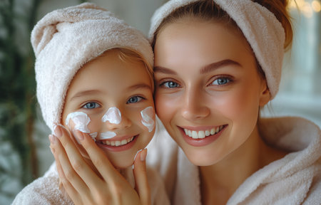 A smiling mother and her young daughter share a joyful moment while applying skincare products in their home. They wear matching bathrobes and headbands.の素材
