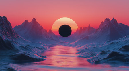 A captivating sunset casts vibrant colors across rugged mountains, while a dark eclipse hangs above, reflecting on a calm body of water, creating a serene atmosphere at dusk.の素材
