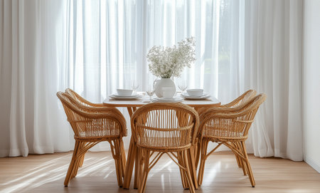 A bright dining space features a wooden table surrounded by rattan chairs. A vase of white flowers sits in the center, with natural light pouring in from large curtains.の素材