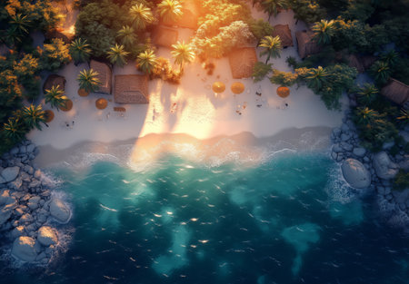 A serene tropical beach features soft waves gently lapping at the shore, with palm trees and thatched-roof huts illuminated by the warm glow of sunset.の素材