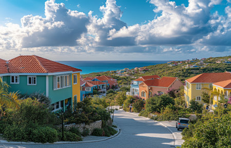 Vibrant houses in bright hues can be seen along a winding road, with lush greenery and a stunning ocean view in the background under a partly cloudy sky.の素材