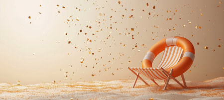 A beach chair is paired with a lifebuoy in orange and white colors, set against a background with golden confetti falling, creating a lively and inviting atmosphere.の素材