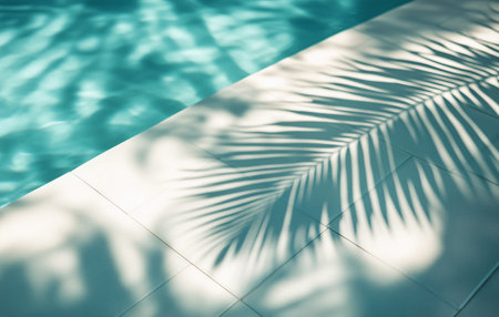 Palm leaves cast intricate shadows on a cool, blue swimming pool under the warm sunlight of a summer afternoon, creating a serene atmosphere for relaxation.の素材