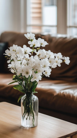 A beautiful arrangement of white flowers in a clear glass vase stands on a wooden table beside a cozy brown leather couch in a bright indoor space.の素材