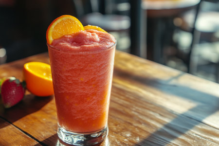Juicy strawberries and vibrant oranges are beautifully arranged on a wooden board, illuminated by natural light in a kitchen setting, creating a fresh and inviting atmosphere.の素材