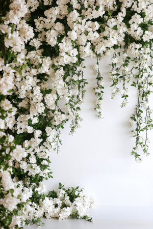 A stunning arrangement of white flowers hangs gracefully against a neutral wall, creating a sophisticated backdrop ideal for weddings or special occasions.の素材