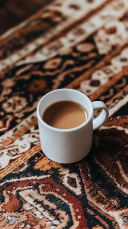 A cozy cup of steaming coffee sits on an intricately designed rug, capturing a peaceful moment in a serene indoor setting. The warm tones create a relaxing atmosphere.の素材