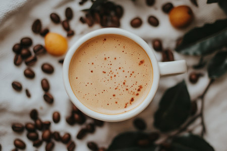 A warm cup of coffee sits on a dark surface surrounded by roasted coffee beans, with soft natural light illuminating the cozy indoor ambiance.の素材