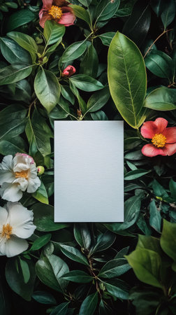 Brightly colored wildflowers surround a blank sheet of paper lying on rich, green foliage. Sunlight creates soft shadows, highlighting the beauty of the garden setting.の素材