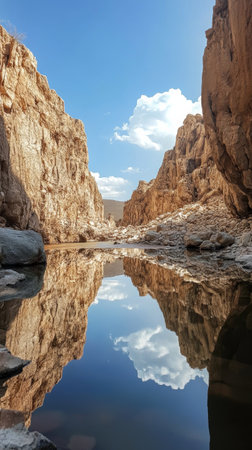 Calm waters reflect the blue sky and clouds while surrounding rocky formations create a peaceful atmosphere in a natural setting.の素材