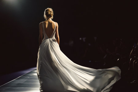 A model gracefully walks the runway, showcasing a stunning evening gown with a low back design. The ambiance highlights her elegance under soft lighting at a fashion week event.の素材