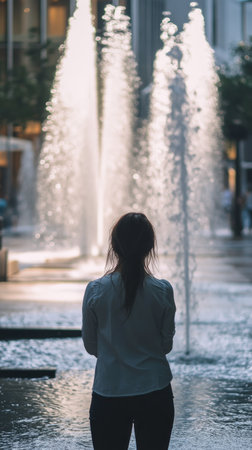 A woman stands calmly in front of a series of illuminated water fountains, enjoying the tranquil atmosphere in a city plaza during dusk.の素材
