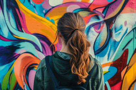 A young traveler admires a vibrant graffiti wall in an urban area, showcasing a mix of colors and artistic expressions, highlighting the beauty of street art during daylight.の素材