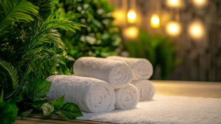 Freshly laundered white towels sit stacked on a clean surface, illuminated by natural light filtering through bright windows, enhancing the green plants nearby.の素材