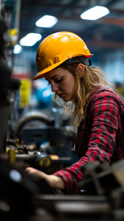 A young woman wearing an orange hard hat and denim jacket operates machinery in a factory, concentrating on her task with great attention to detail.の素材