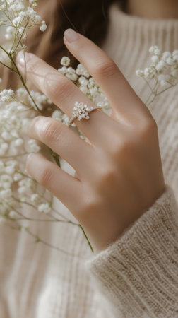 A graceful hand with well-manicured nails gently holds a white flower against a plush fabric background, creating a serene atmosphere. The focus is on beauty and elegance.の素材