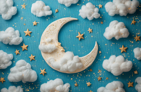 Soft pink clouds fill the sky under a crescent moon surrounded by twinkling stars. The gentle glow creates a serene and magical atmosphere for stargazers.の素材