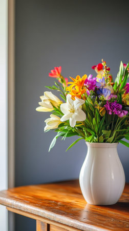 A vibrant assortment of fresh flowers is arranged in a glass vase on a polished wooden table, creating an inviting atmosphere in the bright room during daytime.の素材