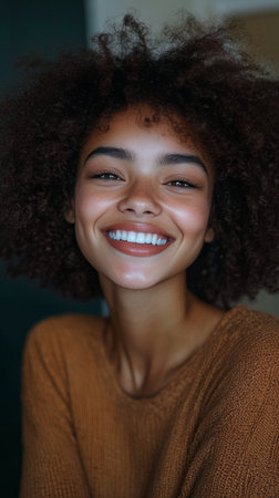 A young woman with beautiful curly hair displays a wide smile in a well-lit indoor setting. Sunlight highlights her joyful expression, creating a warm atmosphere.の素材