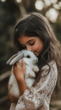 A young girl embraces a soft, fluffy bunny close to her cheek, displaying joy and affection in a cozy indoor environment during the afternoon hours.の素材