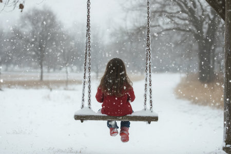 A young child with blonde hair sits on a wooden swing, wearing a knitted hat and blue coat. Snow falls gently around the child in a serene winter setting.の素材